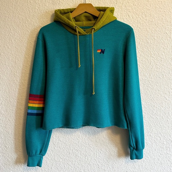Aviator Nation Tops - Aviator Nation Rainbow Stripe Crop Hoodie Sweatshirt Teal Green Women’s S
